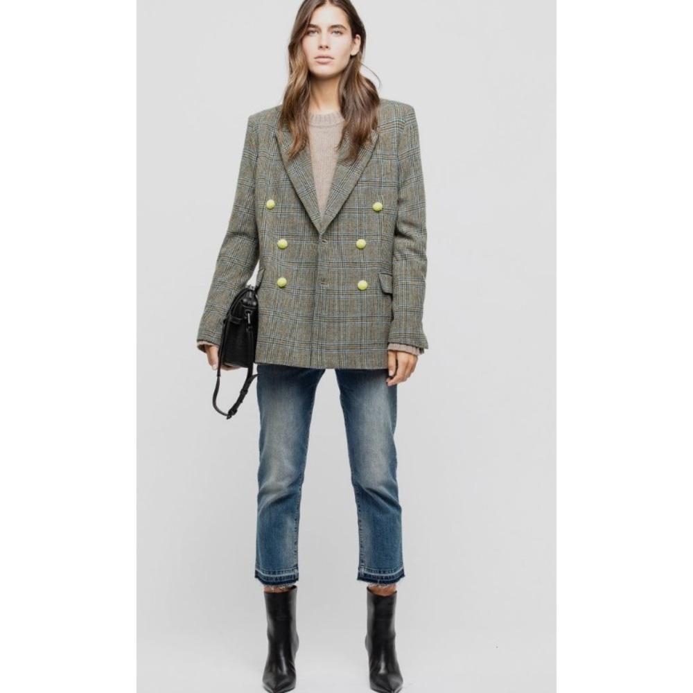Zadig & Voltaire Vina Carreaux Wool Blazer Neon Wolf Buttons FR 36